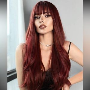Long Wavy Wig with Bangs 26in Wine Red Curly Synthetic Heat Resistant Ombre Wig